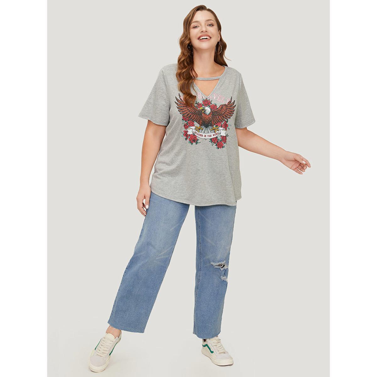 Plus Size Eagle & Floral Print Keyhole Neck T-shirt Gray Women Casual Keyhole Western Dailywear T-shirts BloomChic 14-16/1X Product Image
