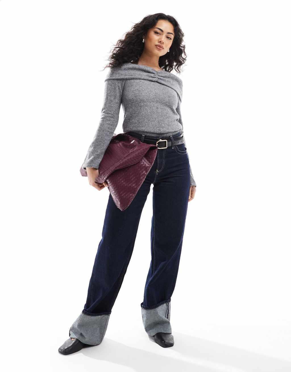 ONLY off-shoulder knit sweater in gray Product Image