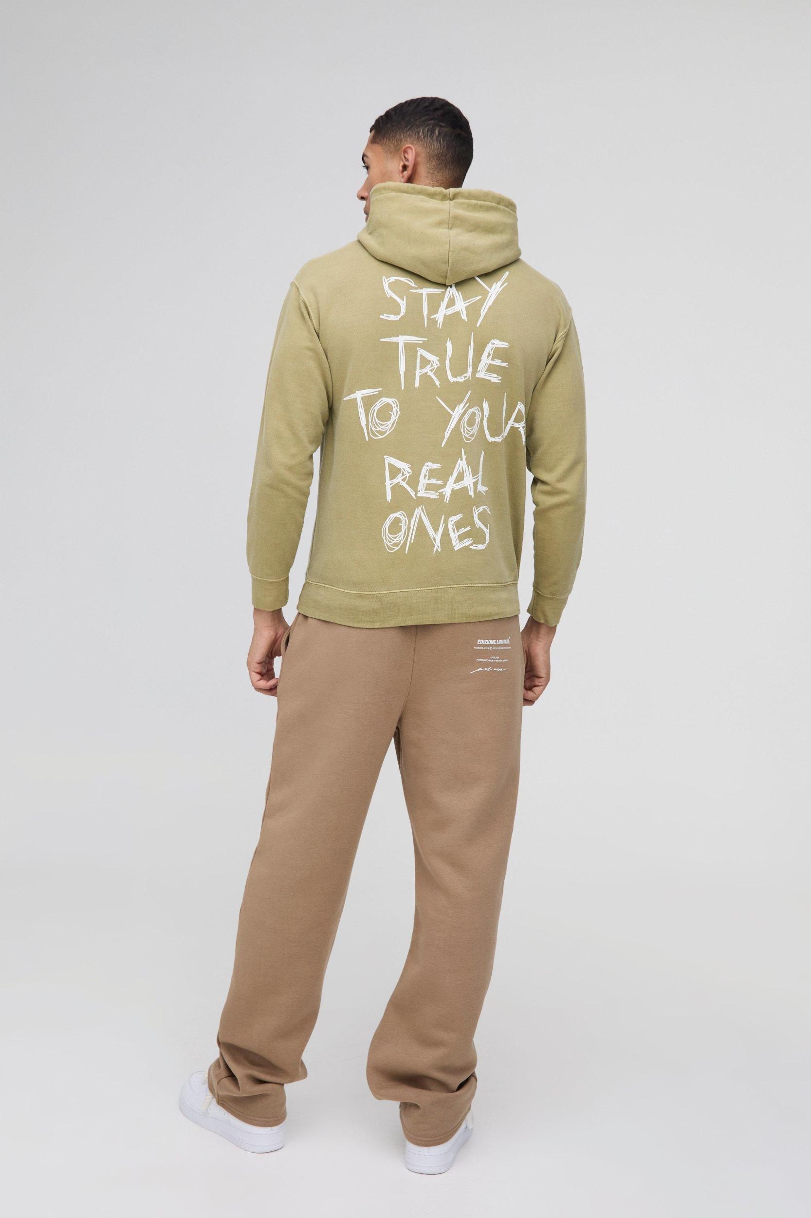 Regular Fit Washed Stay True Text Graphic Hoodie | boohooMAN USA Product Image