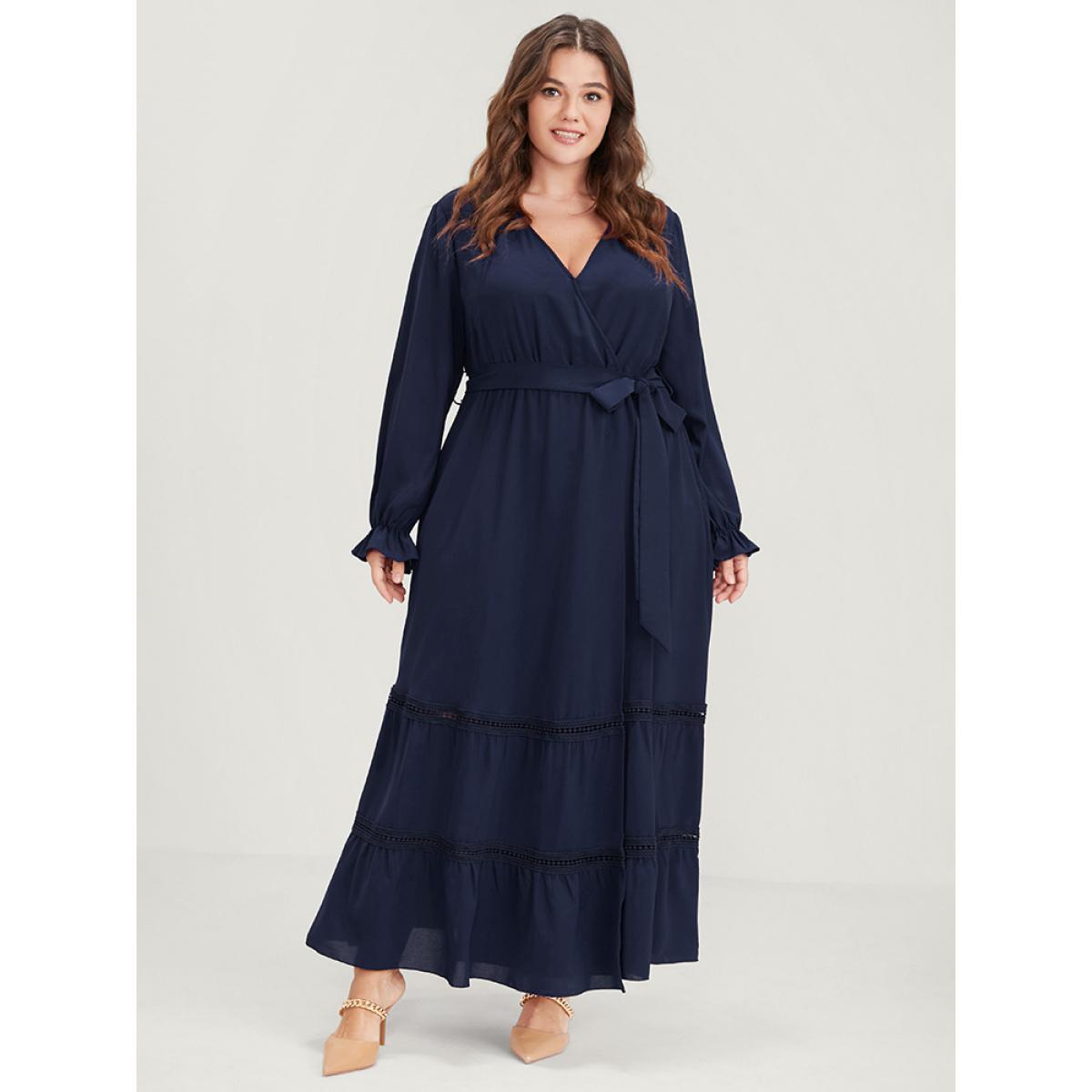Plus Size Solid Lantern Sleeve Crochet Lace Button Ties Belted Maxi Dress DarkBlue Women Elegant Plain V-neck Long Sleeve Curvy Long Dress BloomChic 12/L Product Image