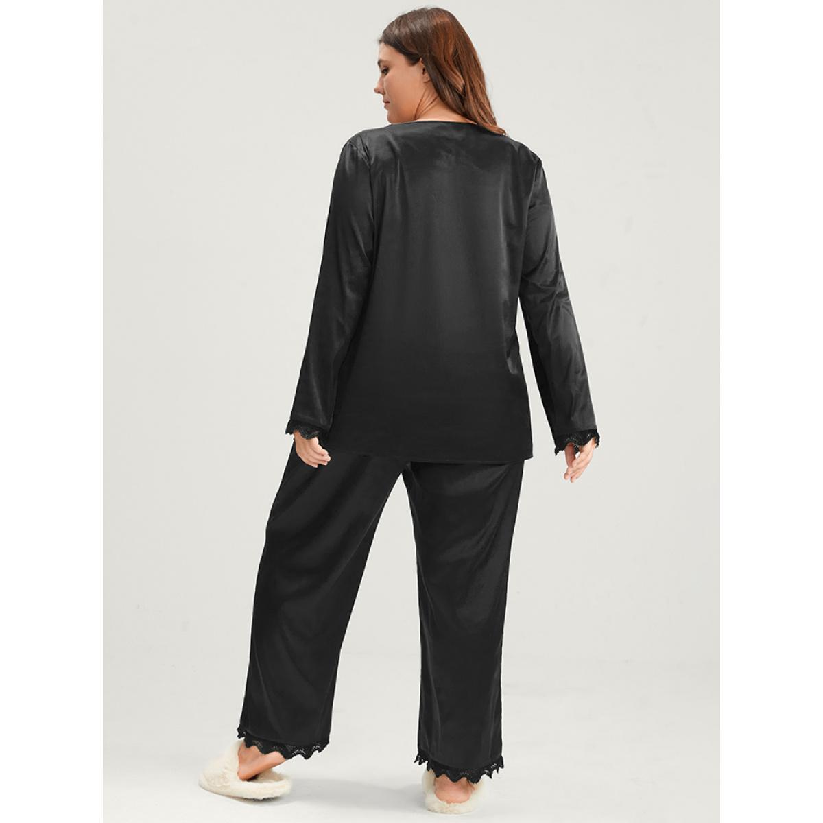 Plus Size Solid Button Up Lace Trim Satin Pajama Set Women Black Plain Long Sleeve V-neck Casual Loungewear Sets BloomChic 18-20/2X Product Image