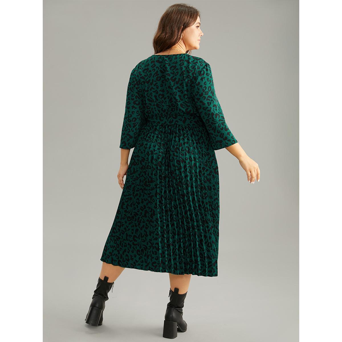 Plus Size Leopard Wrap Elastic Waist Pleated Belted Dress Cyan Women At the Office Wrap Overlap Collar Elbow-length sleeve Curvy Midi Dress BloomChic 28/5X Product Image