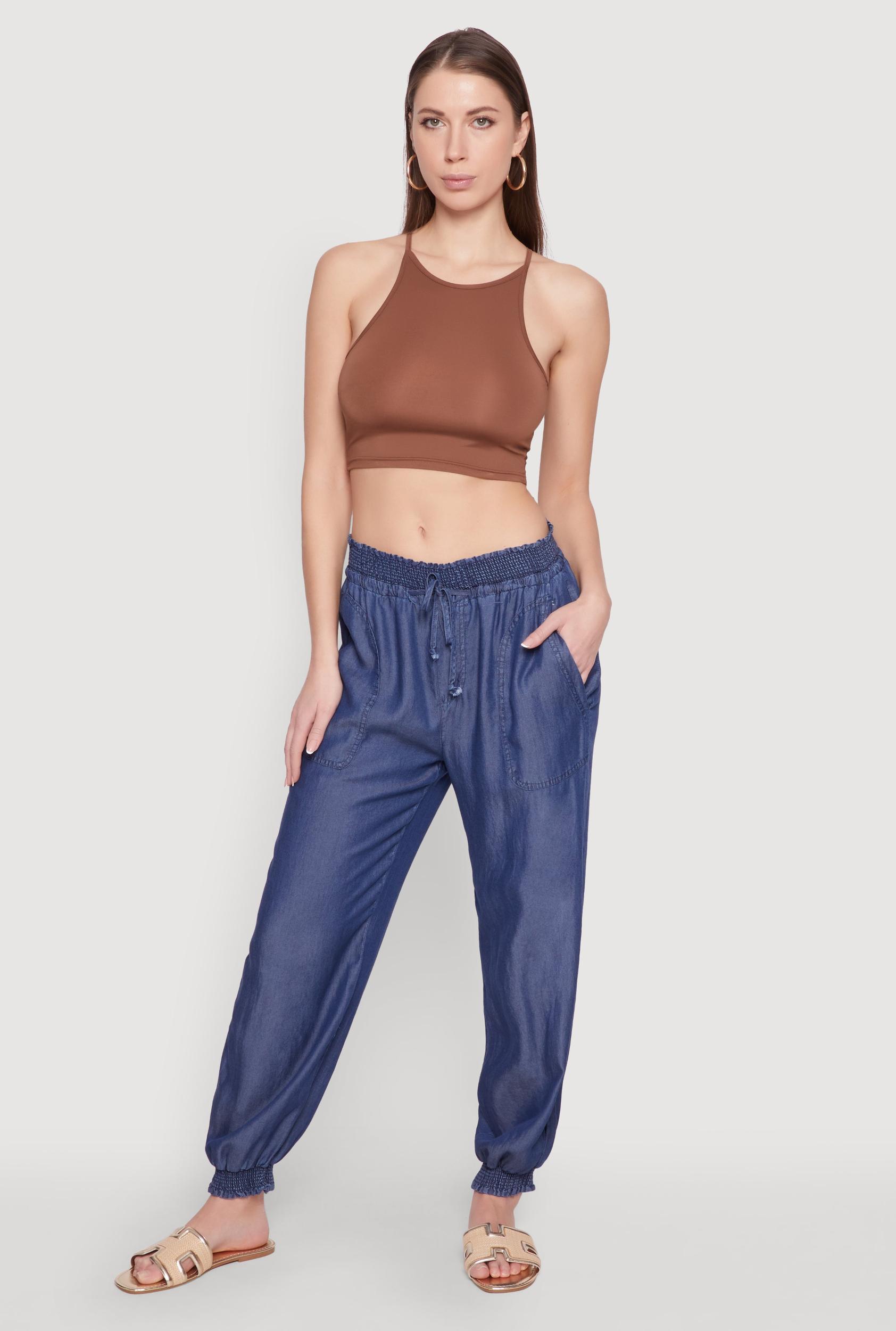 Womens Chambray Smocked Hem Joggers Product Image