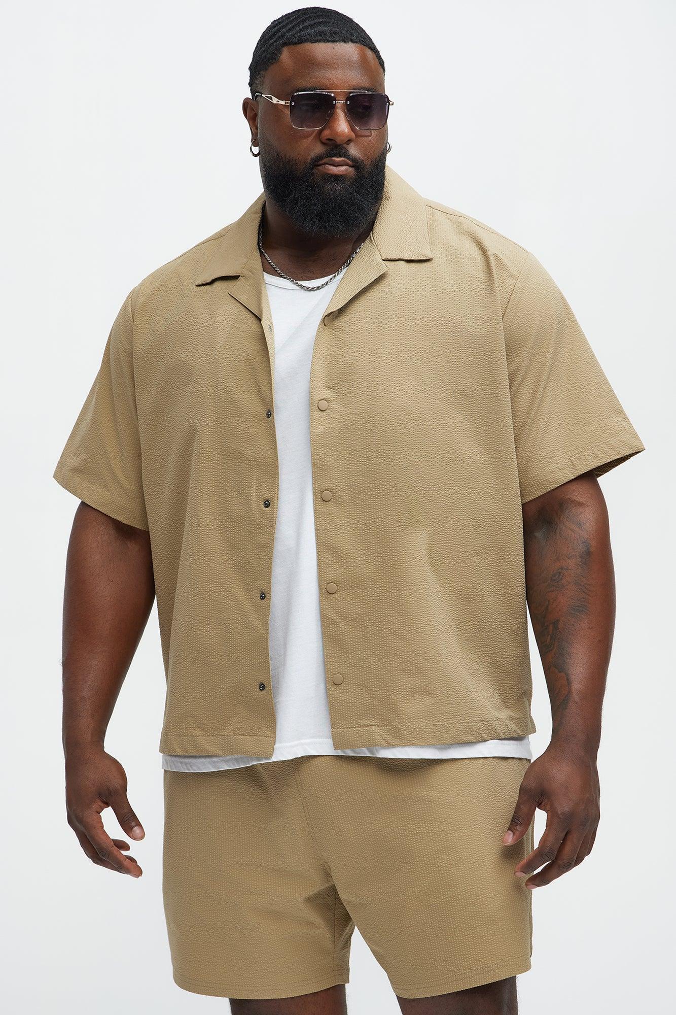 Seersucker Short Sleeve Cuban Collar Shirt - Khaki Product Image
