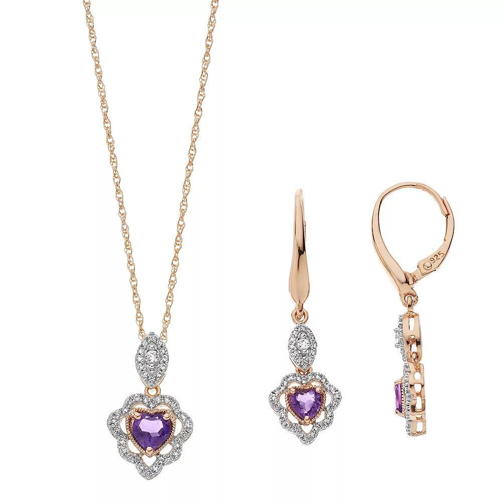 14k Rose Gold Over Silver Amethyst & Lab-Created White Sapphire Pendant & Earring Set, Women's, Size: 18", Two Tone Product Image