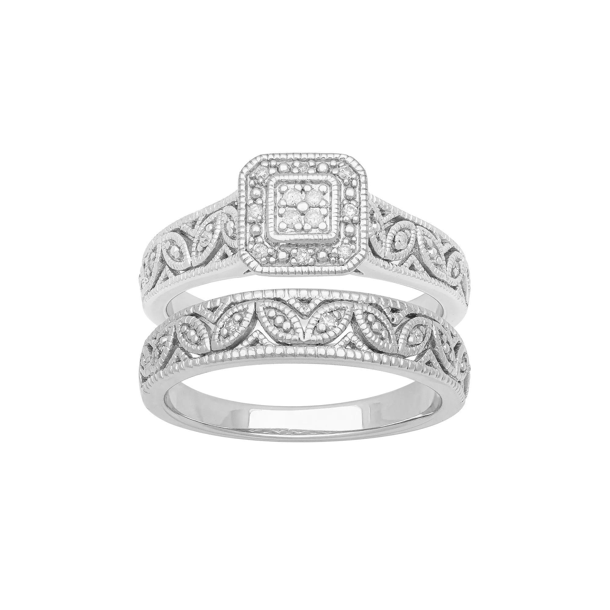 Love Always Sterling Silver 1/10 Carat T.W. Diamond Halo Bridal Set, Womens Product Image