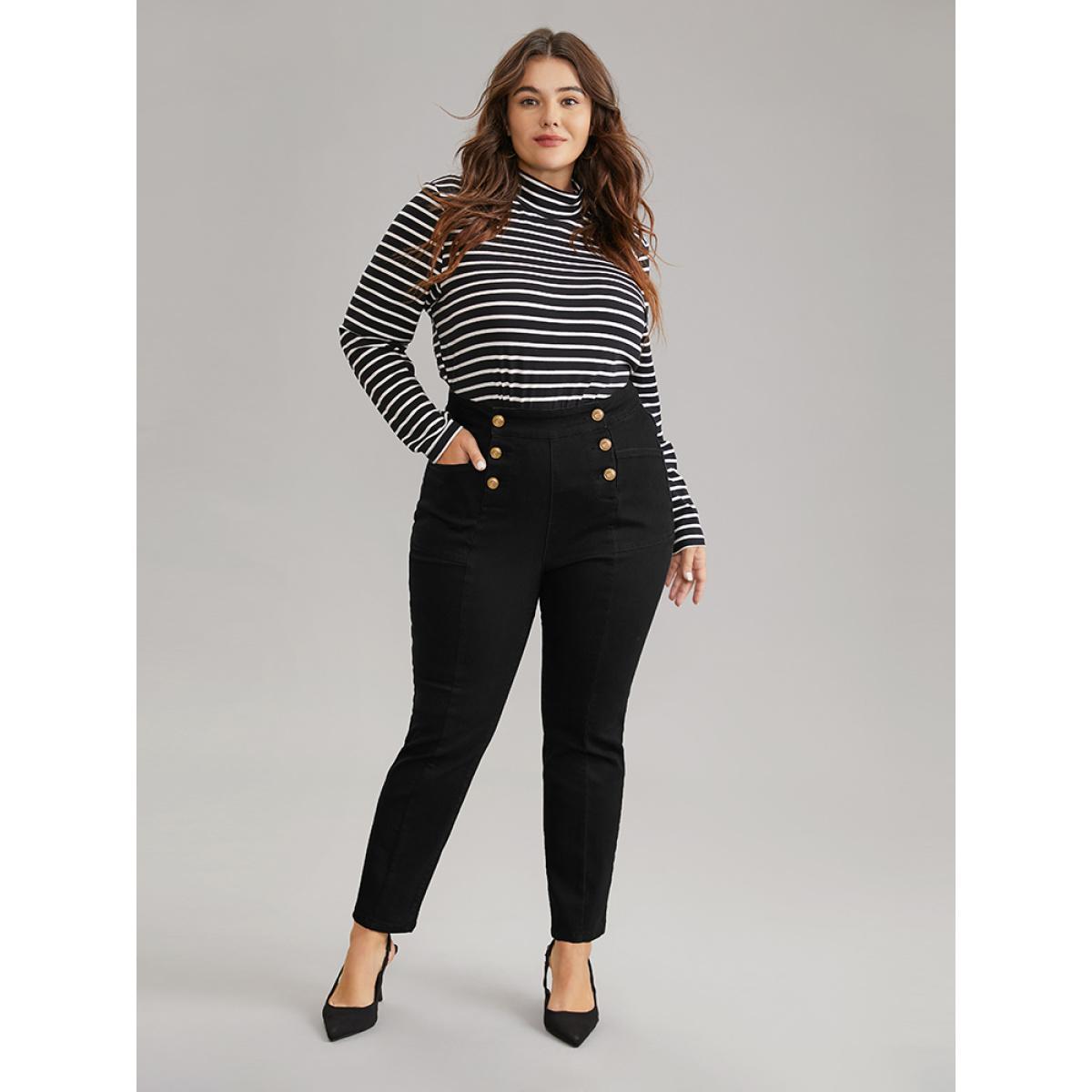 Plus Size High Stretch Skinny Metal Detail Jeans Women Black Casual Plain Plain High stretch Pocket Jeans BloomChic 12/L Product Image