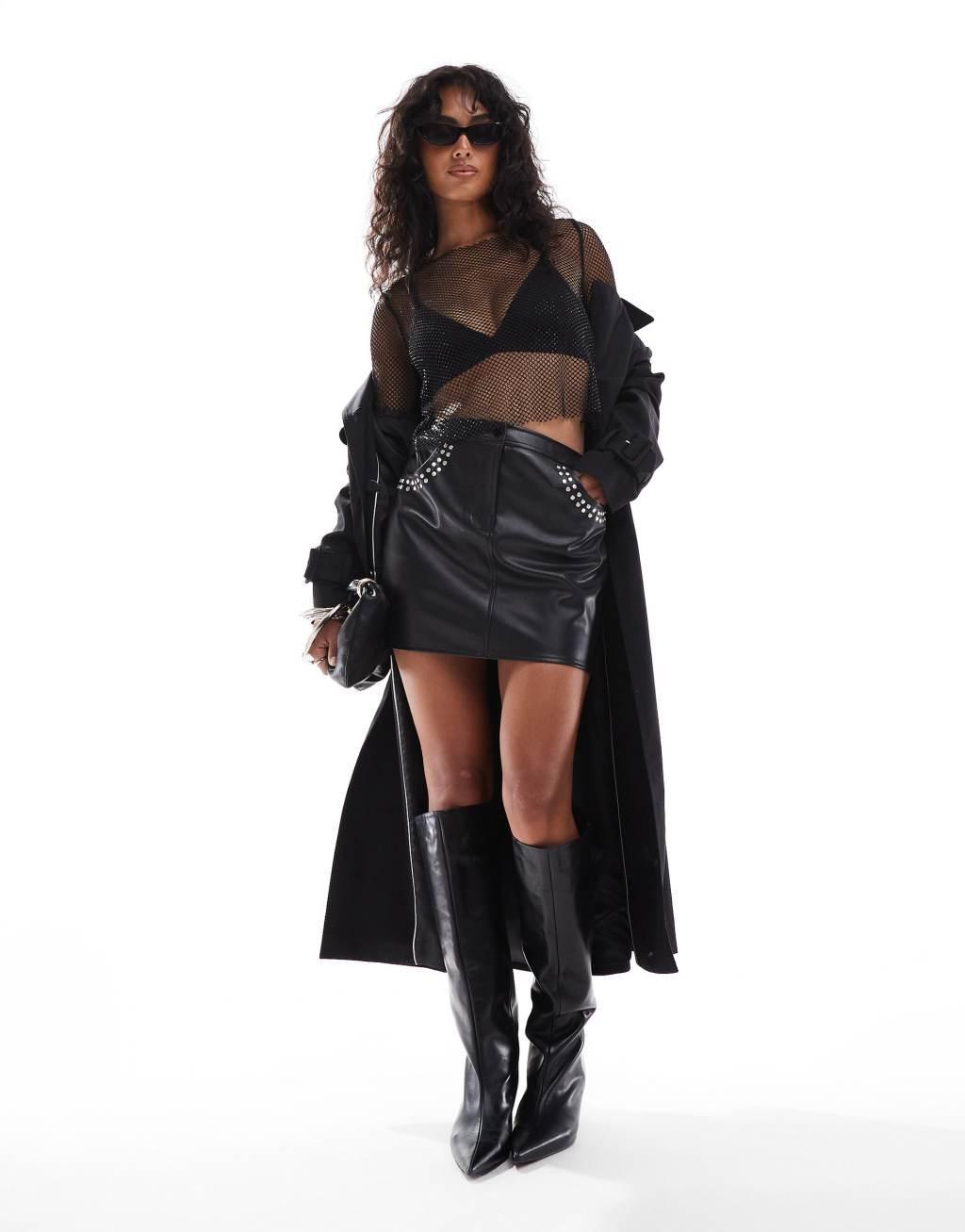 Stradivarius fishnet long sleeve top in black Product Image