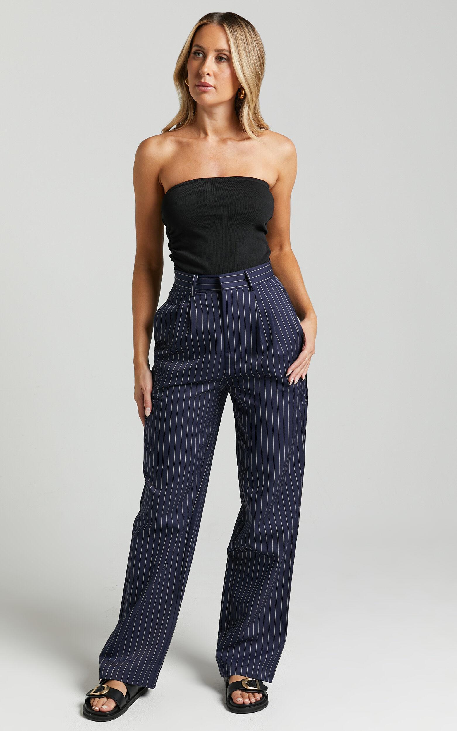 Iyah Pants - High Waisted Tailored Pants in Navy Pinstripe Product Image