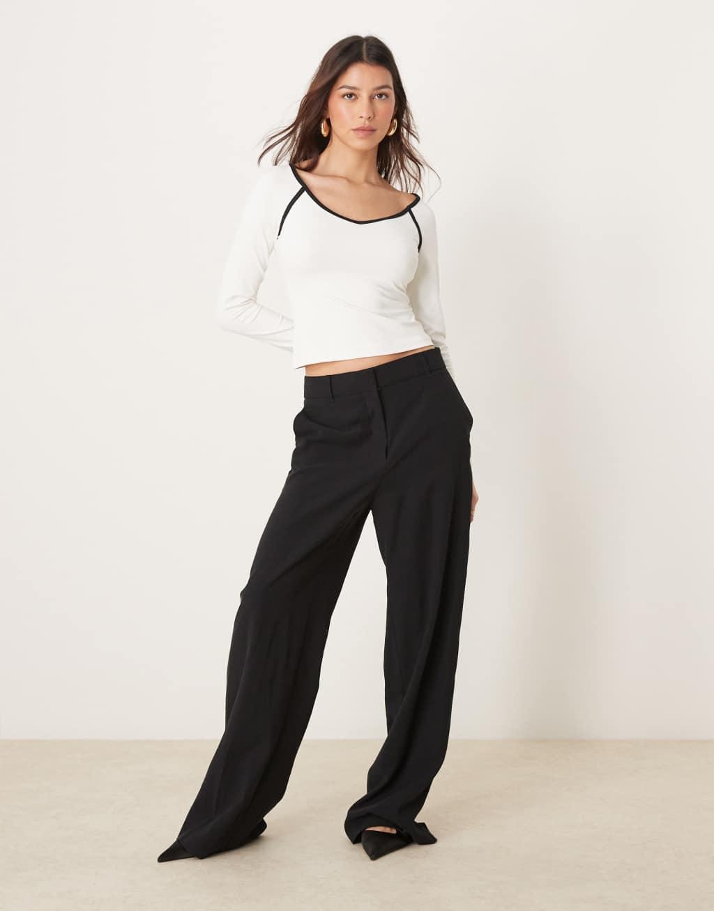 ASOS DESIGN v-neck contrast trim long sleeve top in cream Product Image