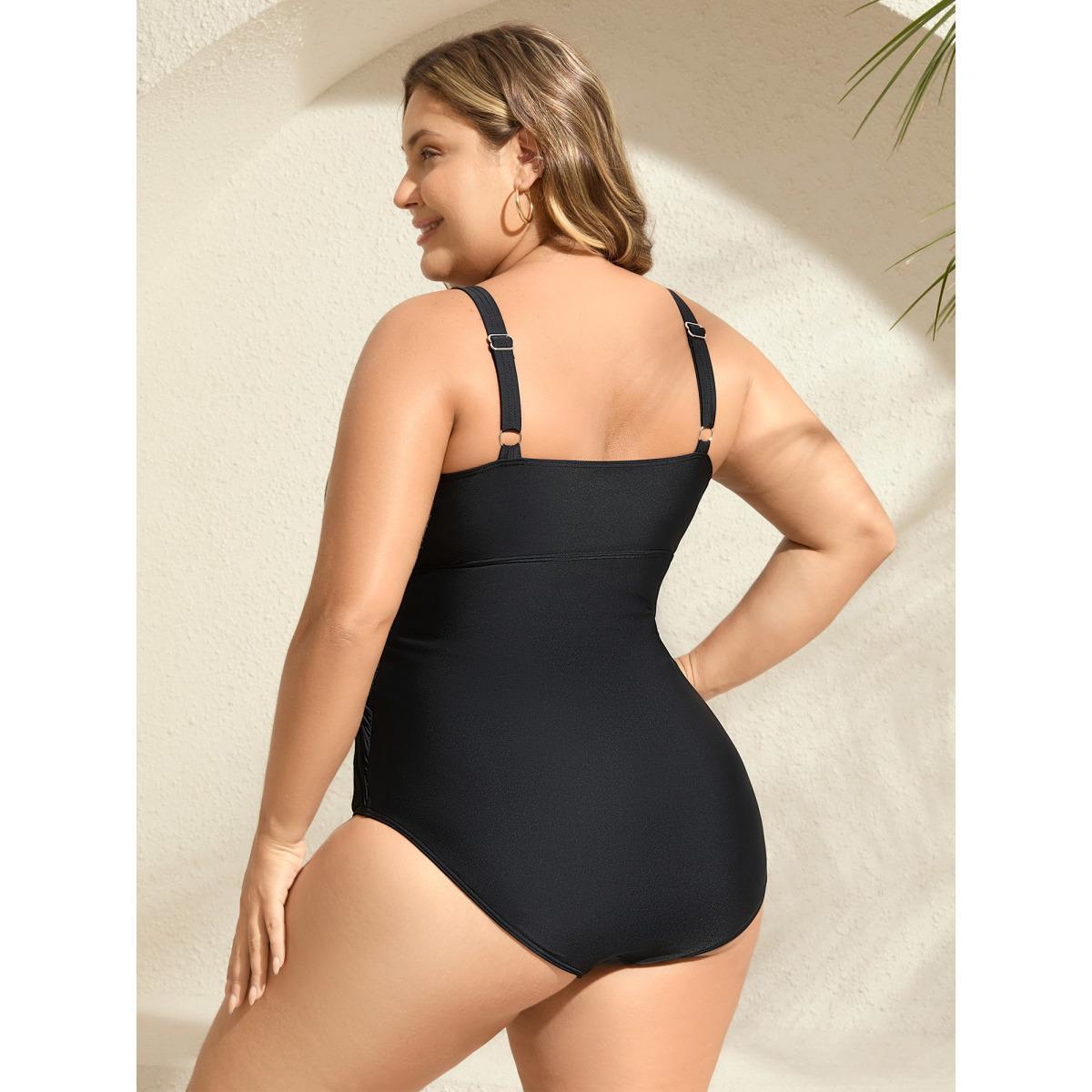 Plus Size Cross-Over Sheer One-Piece Swimsuit Women's Swimwear Black Beach Gathered Curve Bathing Suits High stretch One Pieces BloomChic 14-16/1X Product Image