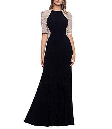 Xscape Petite Size Beaded Mesh Short Sleeve Sheath Gown Product Image
