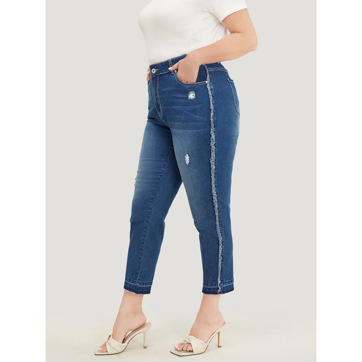 Plus Size Very Stretchy High Rise Medium Wash Raw Trim Jeans Women Blue Casual Plain Distressed High stretch Jeans BloomChic 18/2X Product Image