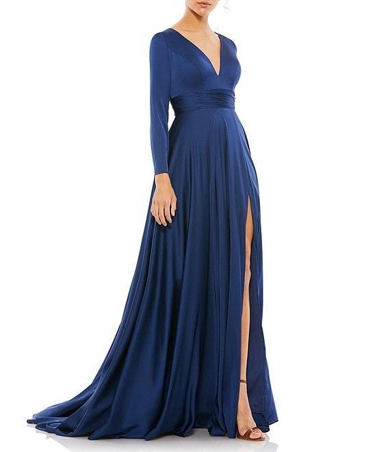 Ieena for Mac Duggal Deep V-Neck 3/4 Sleeve Satin A-Line Thigh High Slit Gown Product Image