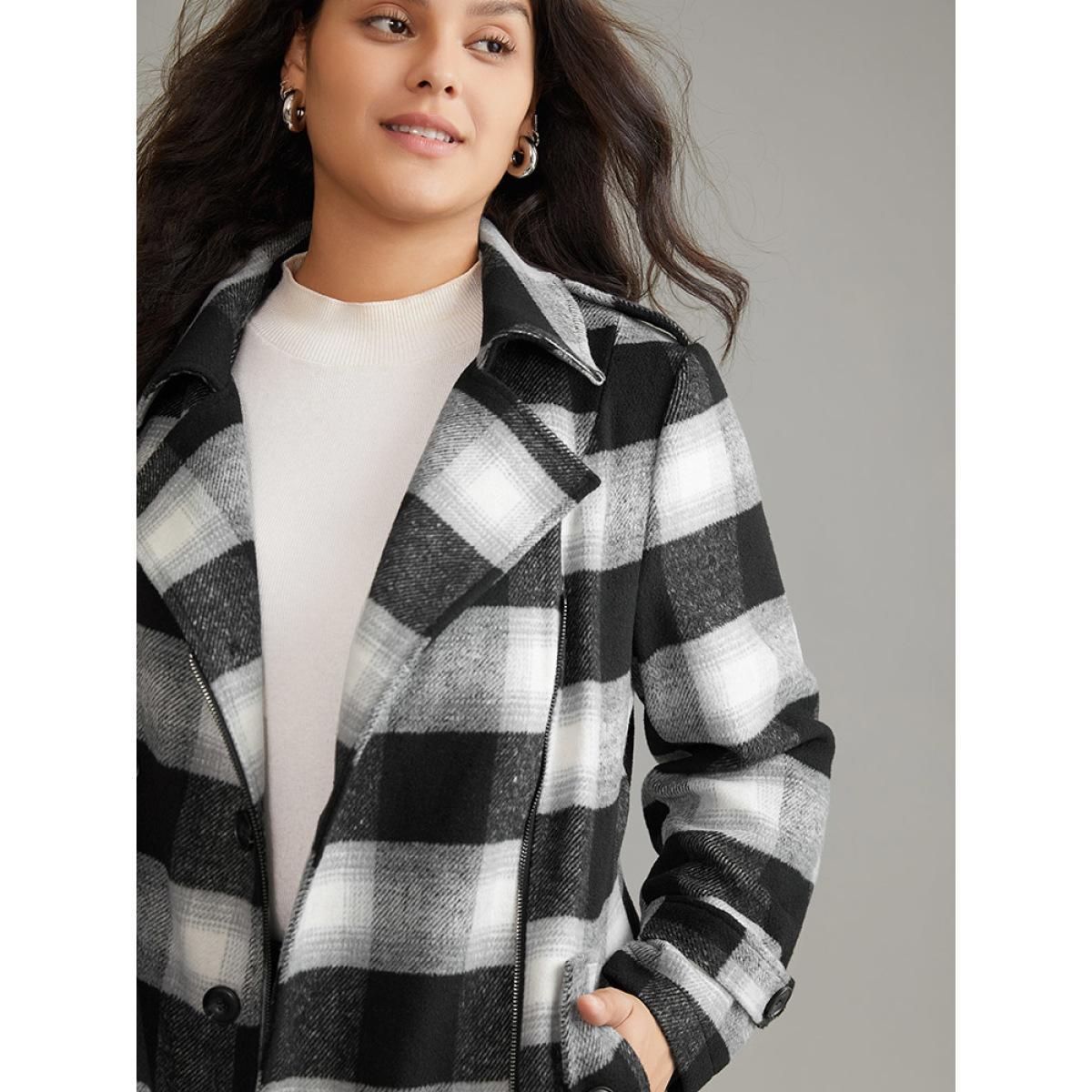 Plus Size Plaid Zipper Fly Double Breasted Detail Coat Women Black Casual Contrast Ladies Dailywear Winter Coats BloomChic 28/5X Product Image