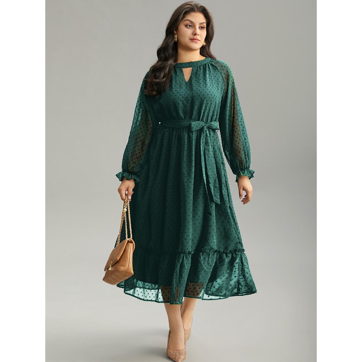 Plus Size Chiffon Texture Belted Mesh Keyhole Frill Trim Dress Cyan Women Office Texture Keyhole Cut-Out Long Sleeve Curvy Midi Dress BloomChic 30/6X Product Image