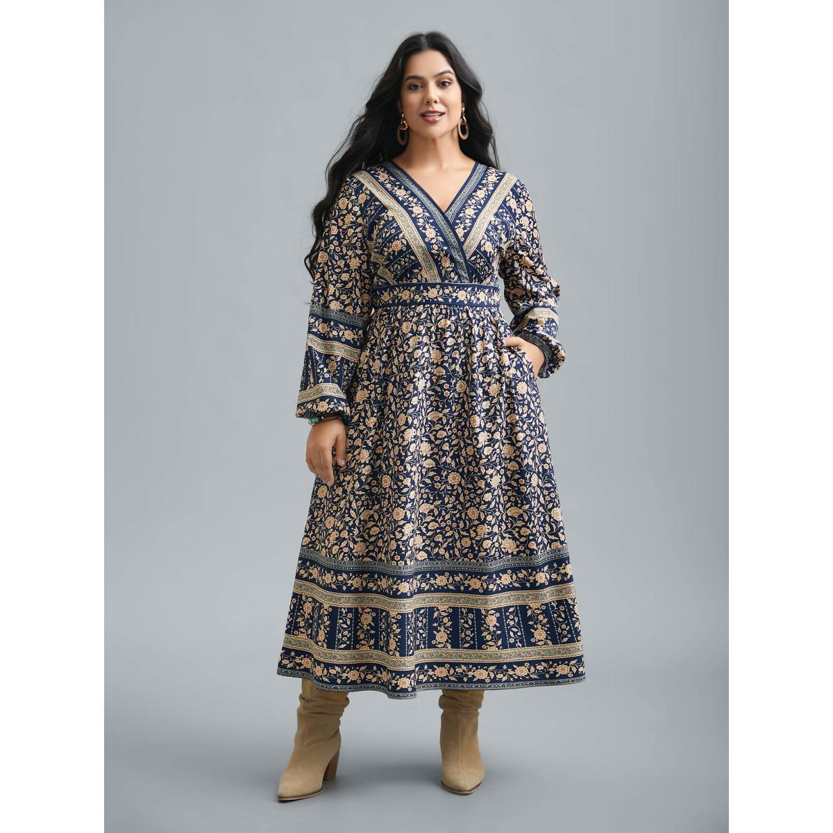 Plus Size Surplice Neck Boho Print Elastic Waist Dress Indigo Women Resort Non Overlap Collar Long Sleeve Curvy BloomChic 22-24/3X Product Image