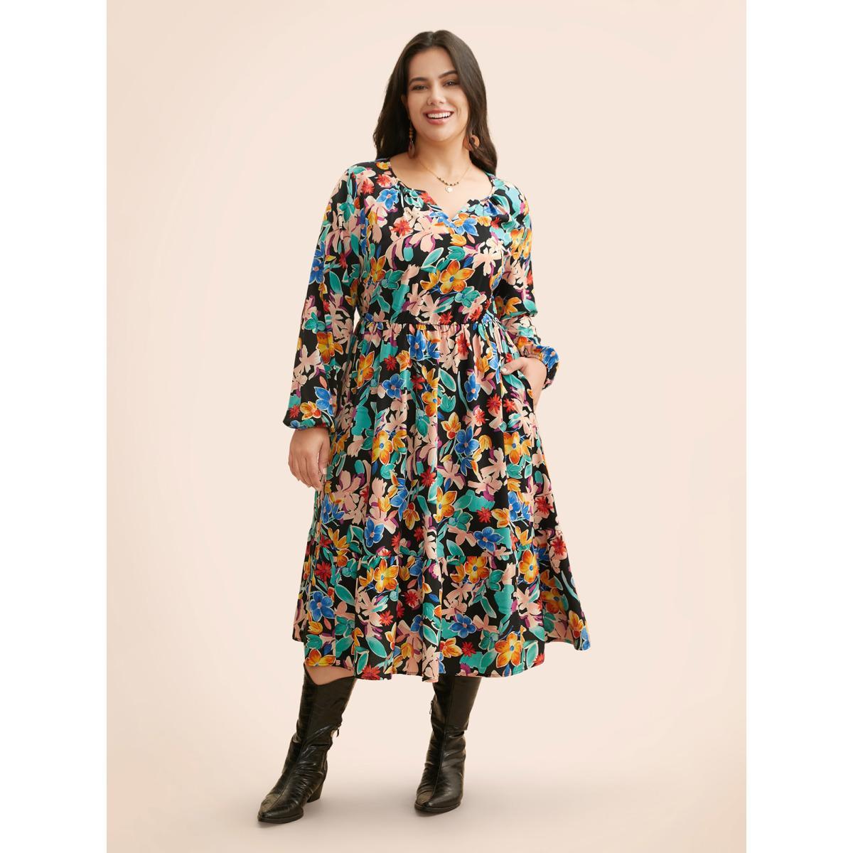 Plus Size Colored Floral Notched Elastic Waist Midi Dress Black Women Elegant Gathered Flat collar with V-notch Extra Long Sleeve Curvy BloomChic 10/M Product Image