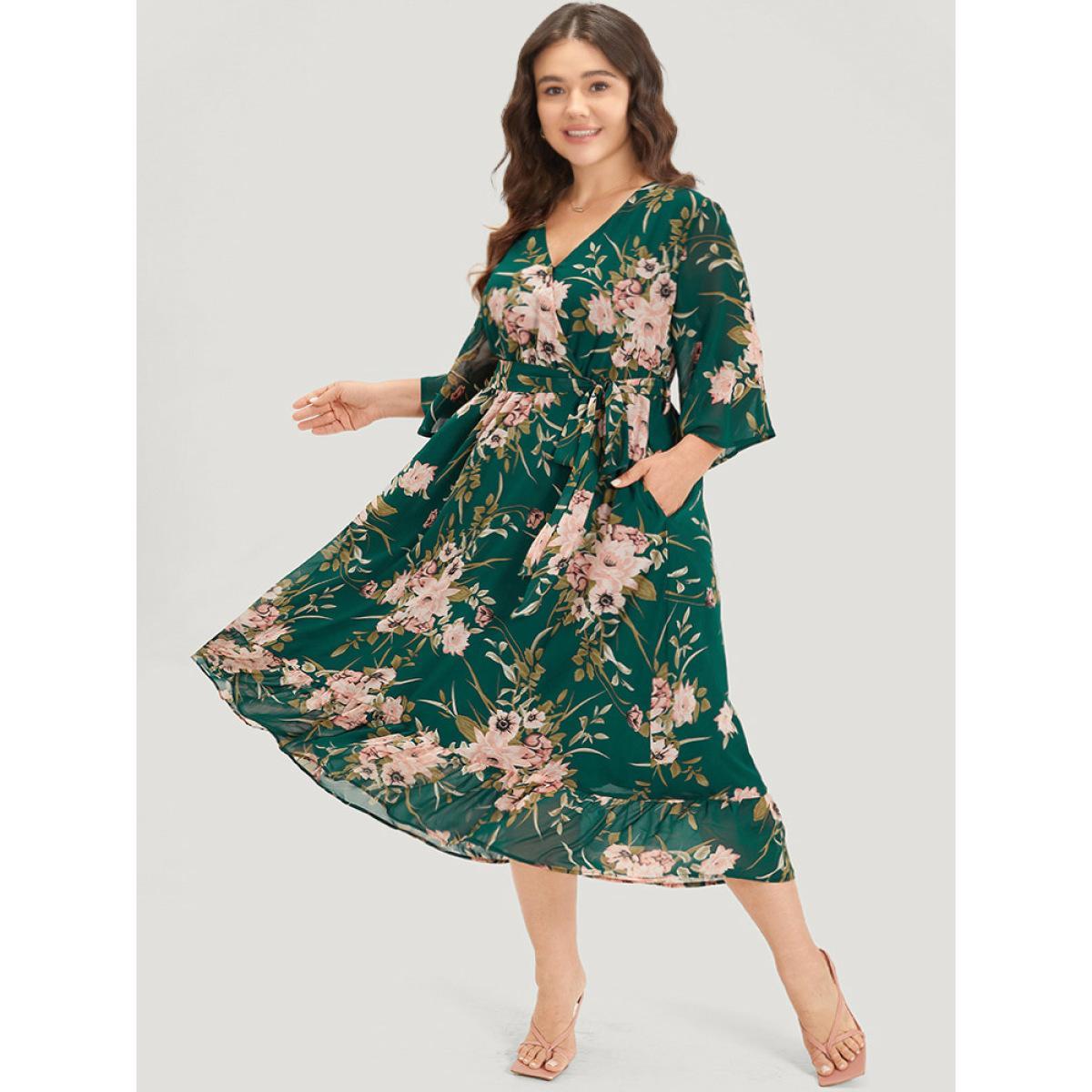 Plus Size Floral Print Surplice Neck Belted Dress DarkGreen Women Elegant Lined V-neck Elbow-length sleeve Curvy Midi Dress BloomChic 26/4X Product Image