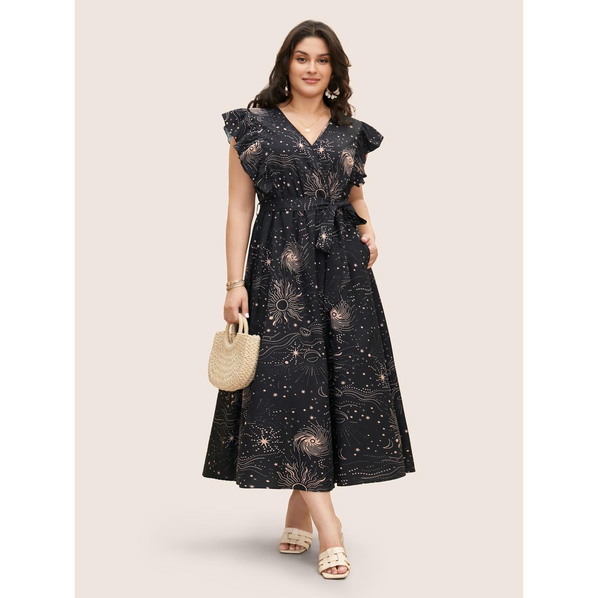 Plus Size Moon & Star Ruffle Cap Sleeve Maxi Dress Black Women Resort Belted Overlap Collar Cap Sleeve Curvy BloomChic 22-24/3X Product Image