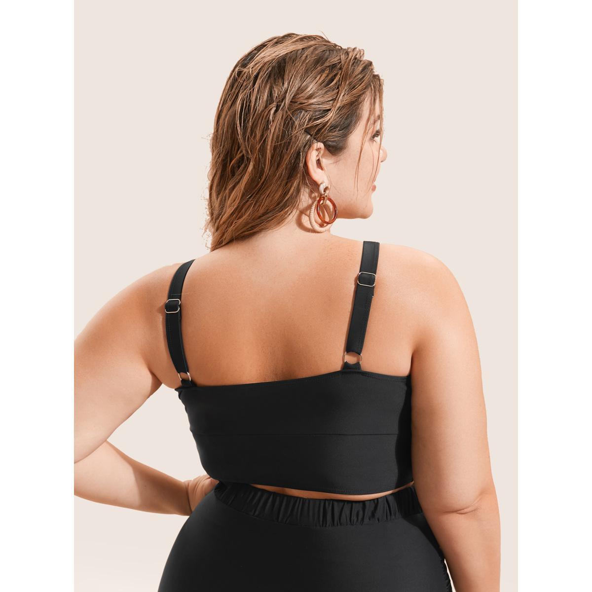 Plus Size Asymmetrical Neck Mesh Patchwork Swim Top Women's Swimwear Black Beach See through High stretch Skinny Asymmetrical Neck Curve Swim Tops BloomChic 18-20/2X Product Image