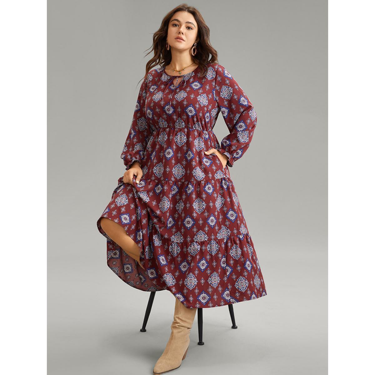 Plus Size Boho Print Knot Neck Pocket Lantern Sleeve Dress Scarlet Women Vacation Cross straps Tie Neck Long Sleeve Curvy Midi Dress BloomChic 22-24/3X Product Image