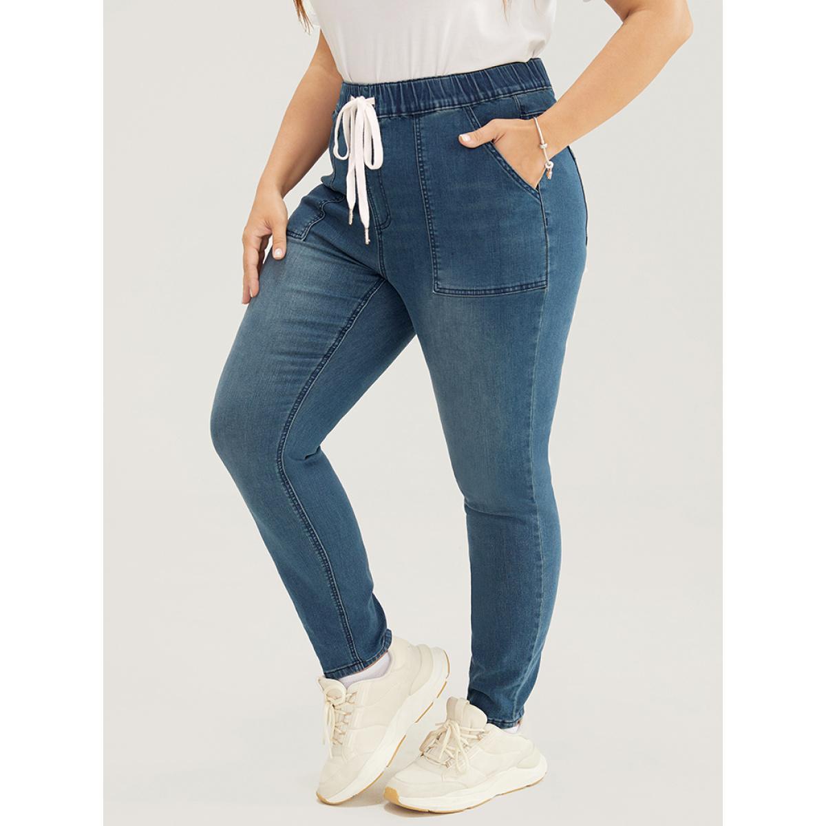 Plus Size Slightly Stretchy High Rise Dark Wash Drawstring Jeans Women DarkBlue Casual Plain Pocket Low stretch Pocket Jeans BloomChic 14/1X Product Image