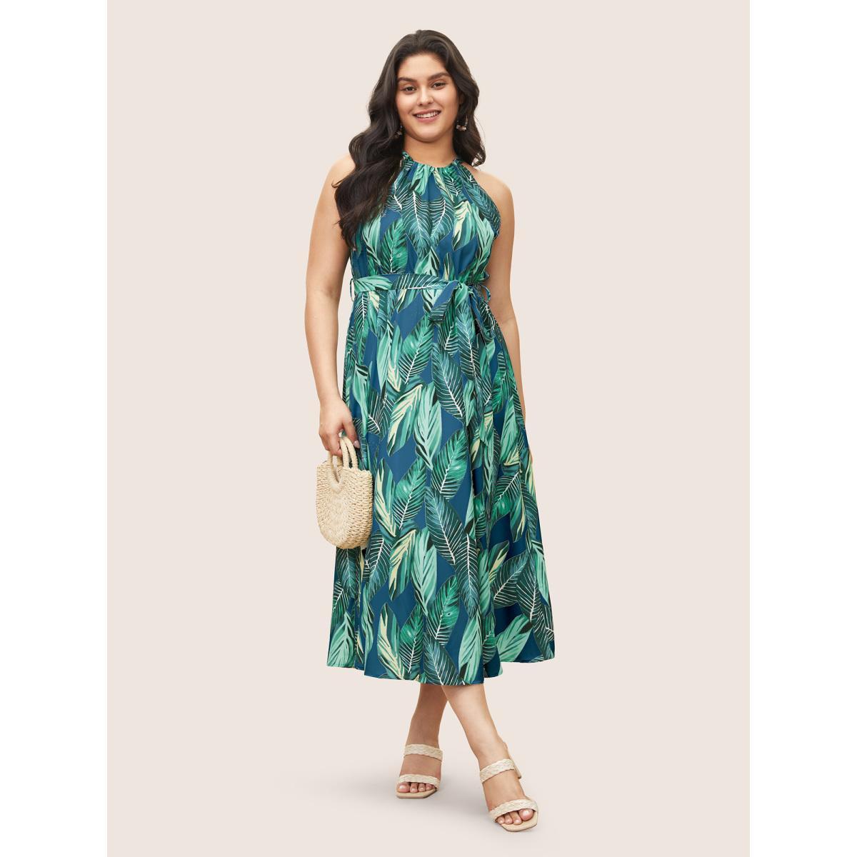 Plus Size Tropical Print Knotted Pocket Ruffles Belted Halter Dress Mediumblue Women Resort Non Halter neck Sleeveless Curvy Midi Dress BloomChic 26/4X Product Image