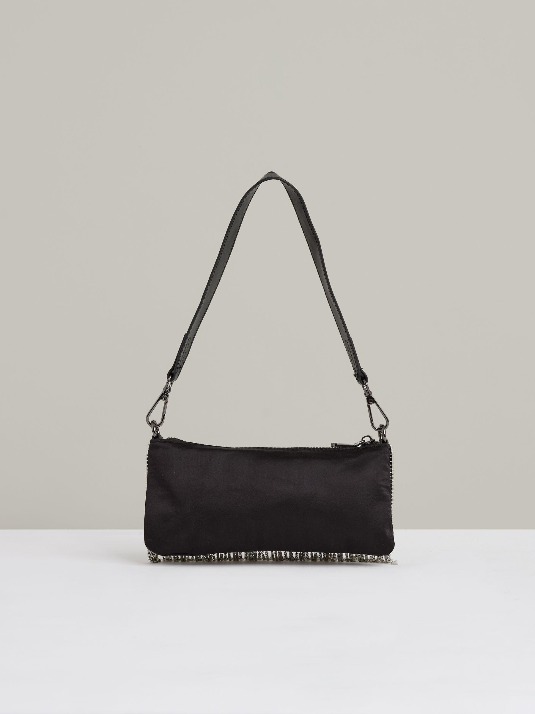 Satin Crystal Fringe Mini Shoulder Bag in Silver Product Image