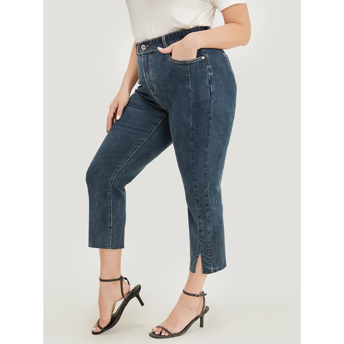 Plus Size Very Stretchy High Rise Dark Wash Split Jeans Women Midnight Casual Plain Slit High stretch Pocket Jeans BloomChic 12/L Product Image