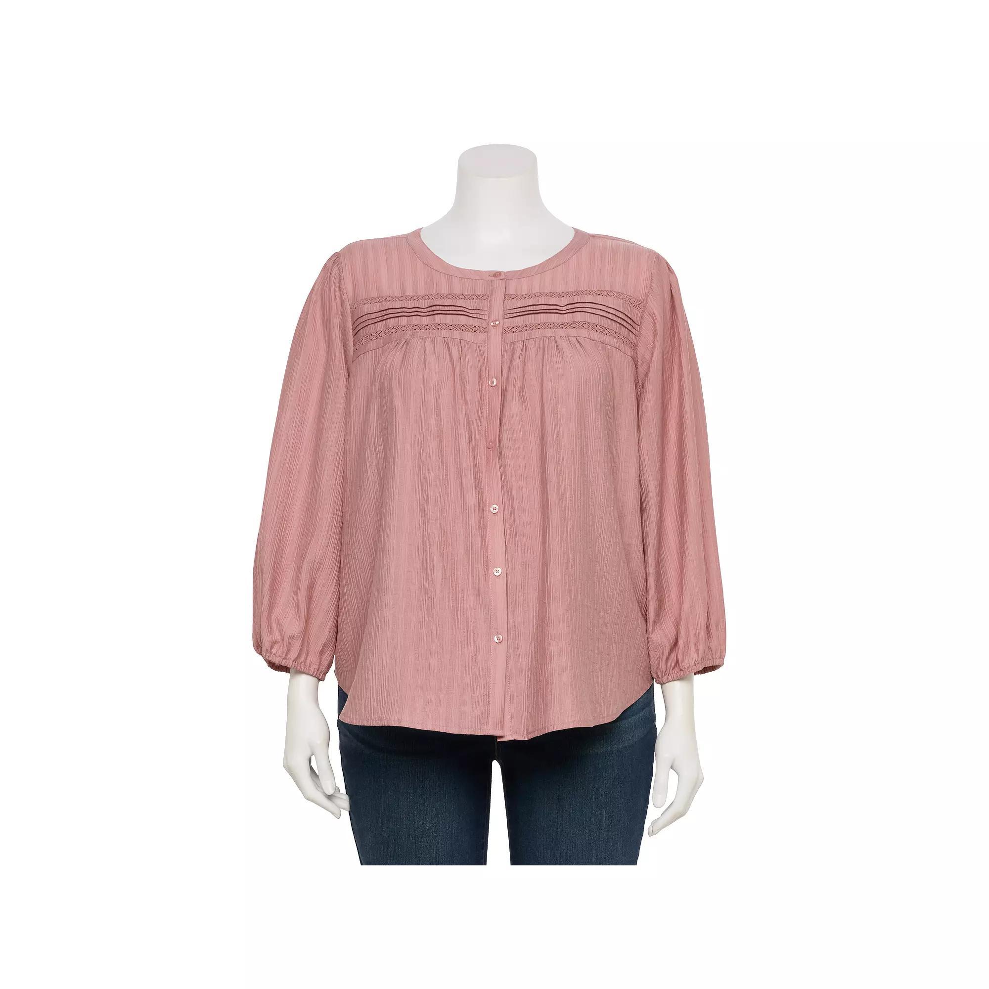 Plus Size LC Lauren Conrad Lace Insert Button Front Top, Women's, Size: 1XL, Purple Silk Product Image