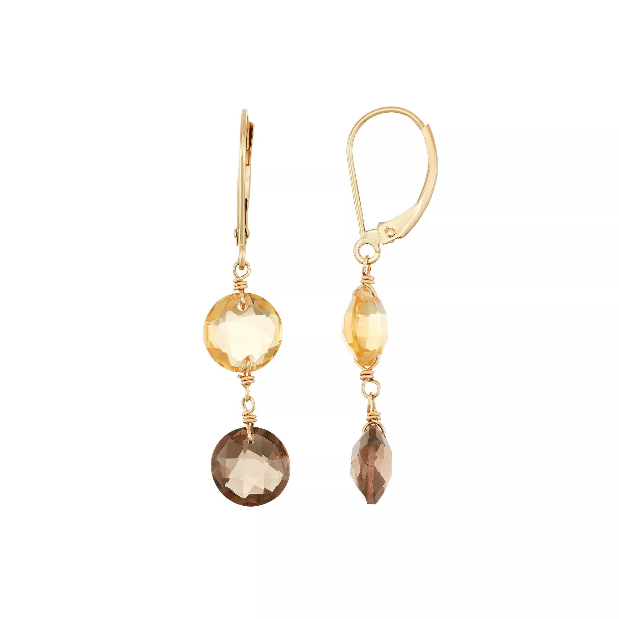 14k Gold Citrine & Smoky Quartz Drop Earrings, Women's, Multicolor Product Image