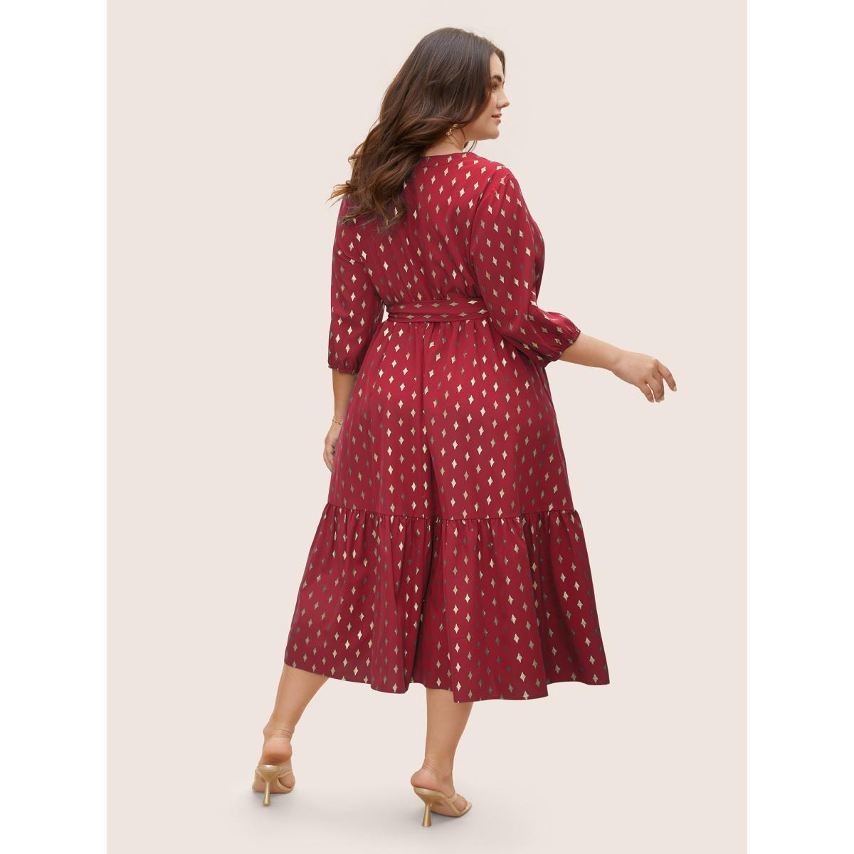 Plus Size Glitter Notched Lantern Sleeve Midi Dress Burgundy Women Formal Gathered Notched collar Elbow-length sleeve Curvy BloomChic 22-24/3X Product Image