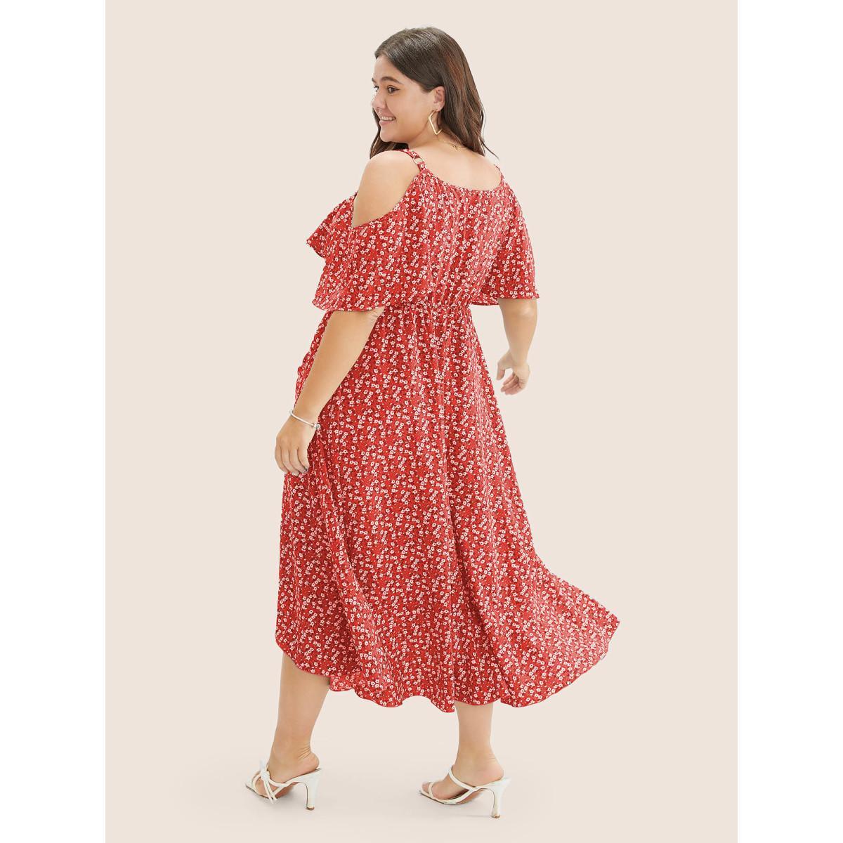 Plus Size Ditsy Floral Pocket Wrap Cold Shoulder Ruffle Dress Red Women Elegant Non Overlap Collar Short sleeve Curvy Midi Dress BloomChic 12/L Product Image