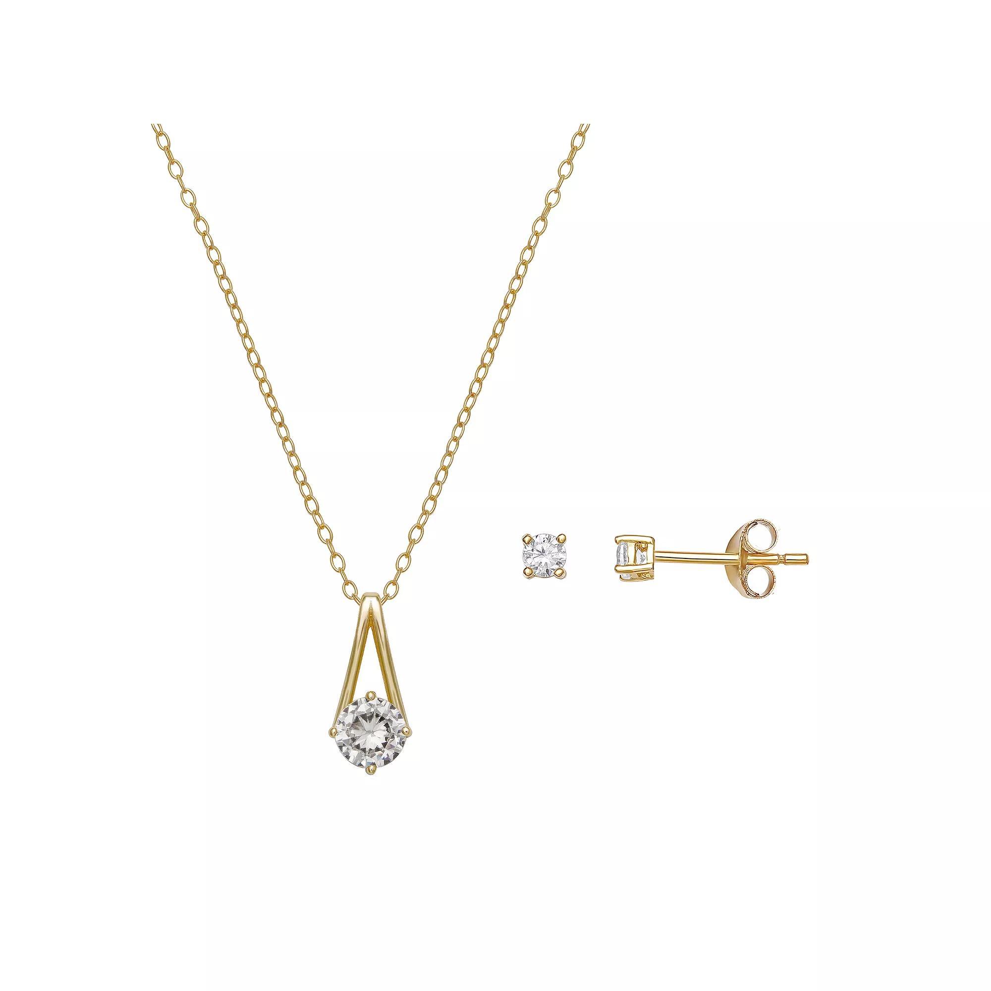 PRIMROSE Sterling Silver Cubic Zirconia Drop Pendant Necklace & Stud Earring Set, Women's, Yellow Gold Sterling Product Image