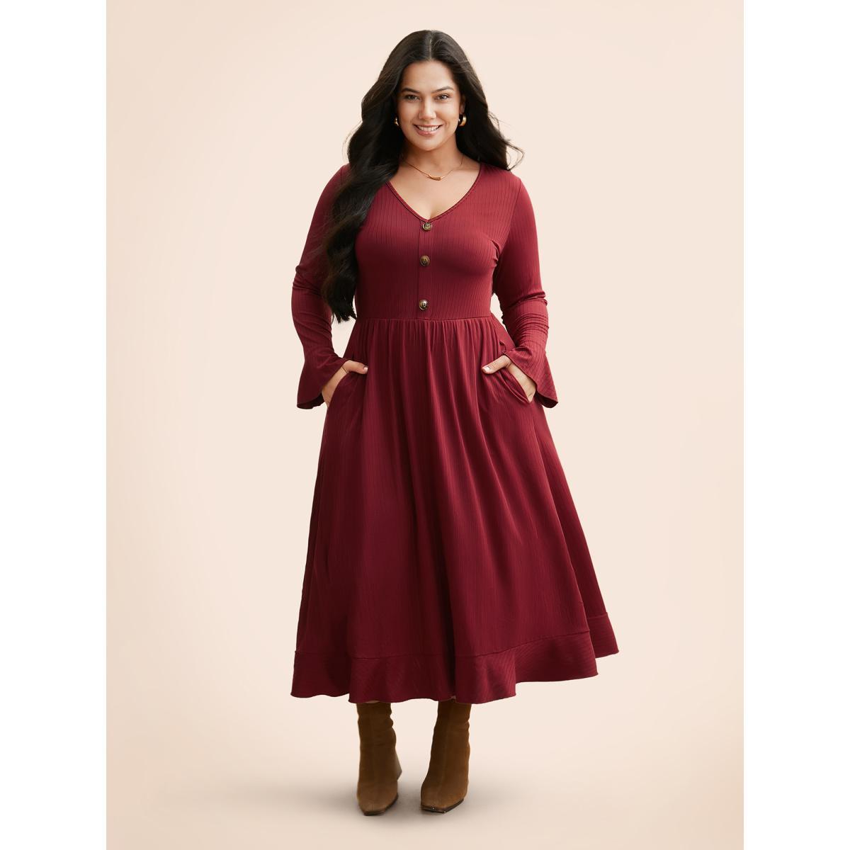 Plus Size V Neck Button Detail Rib Knit Dress Burgundy Women Casual Texture V-neck Long Sleeve Curvy BloomChic 30/6X Product Image