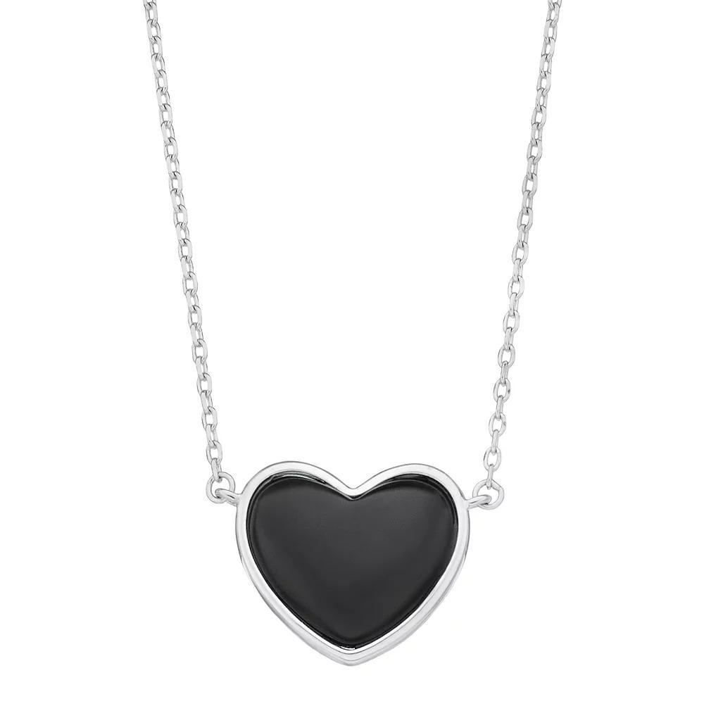Sterling Silver & Onyx Puffed Heart Necklace, Women's, Size: 18" Product Image