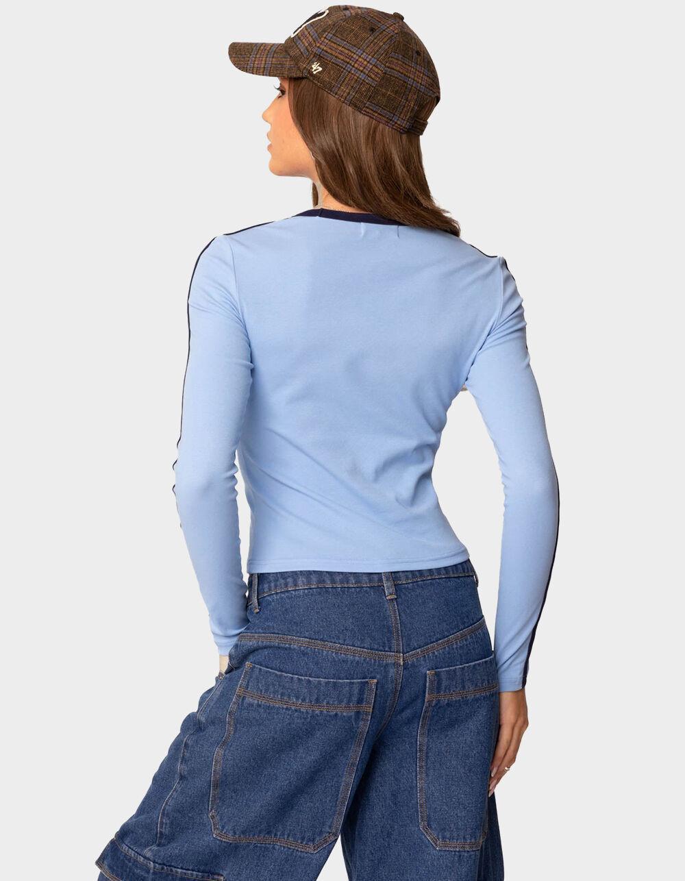 EDIKTED Contrast V-Neck Long Sleeve Tee - LIGHT BLUE Product Image