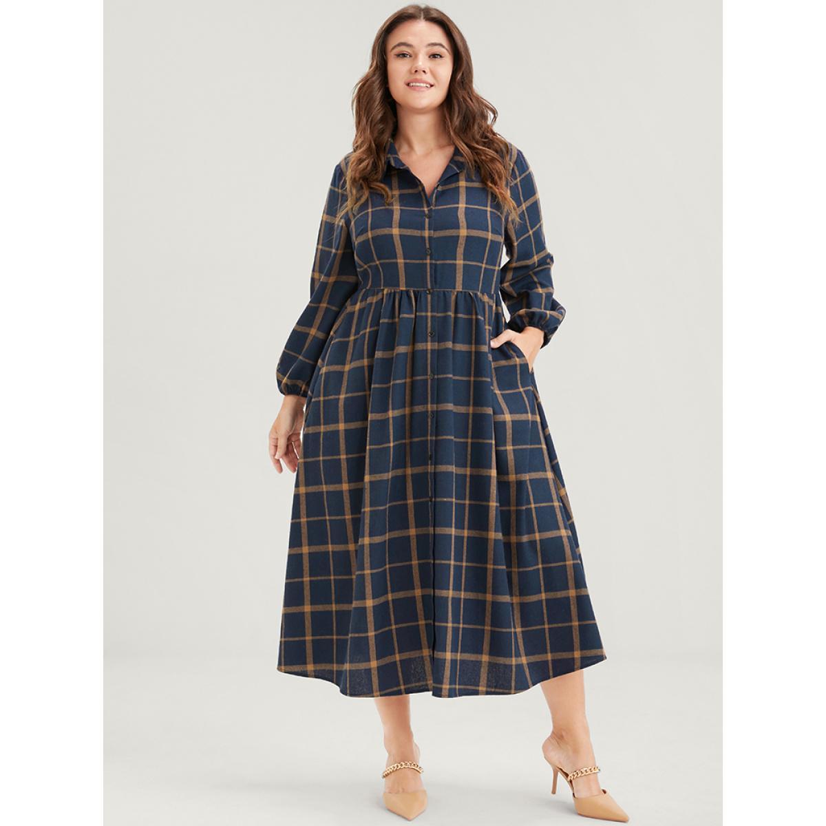 Plus Size Plaid Button Up Pocket Shirt Collar Flutter Hem Dress Without Belt DarkBlue Women Office Slit Shirt collar Long Sleeve Curvy Midi Dress BloomChic 28/5X Product Image