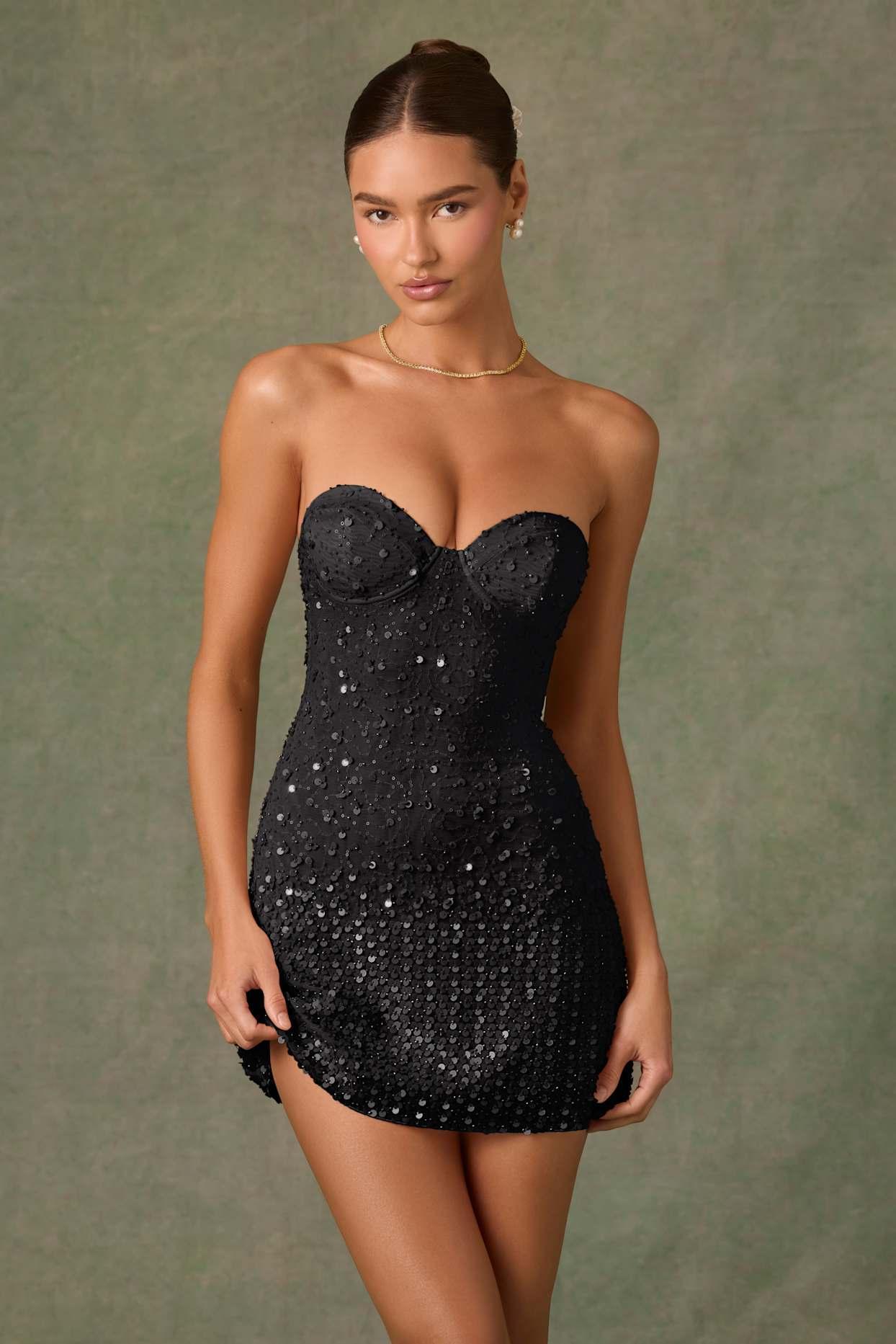 Embellished Sweetheart-Neck A-Line Mini Dress in Black Product Image