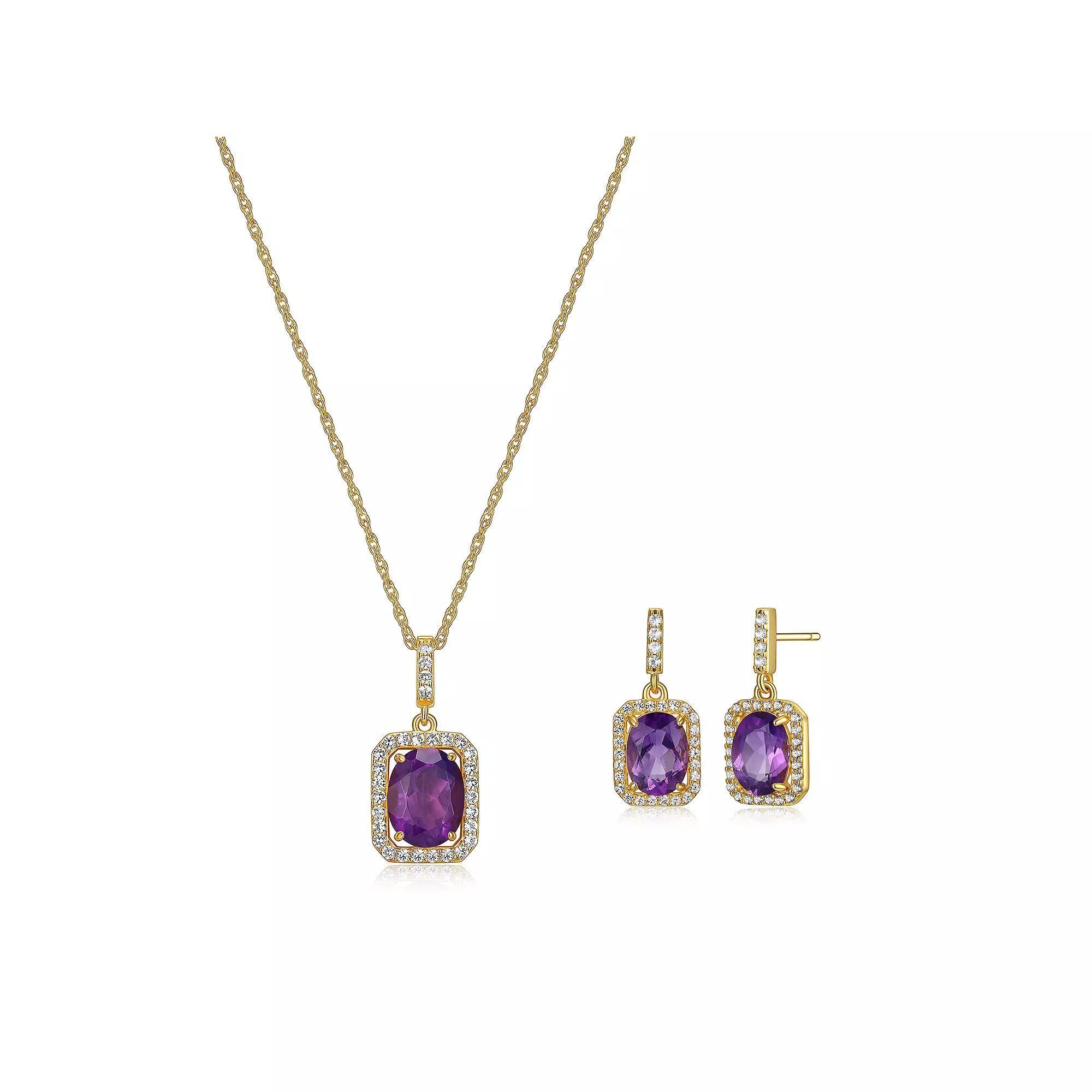 18k Gold over Silver Birthstone Drop Earrings & Pendant Necklace Set, Women's, Size: 18", Genuine Purple Feb Product Image