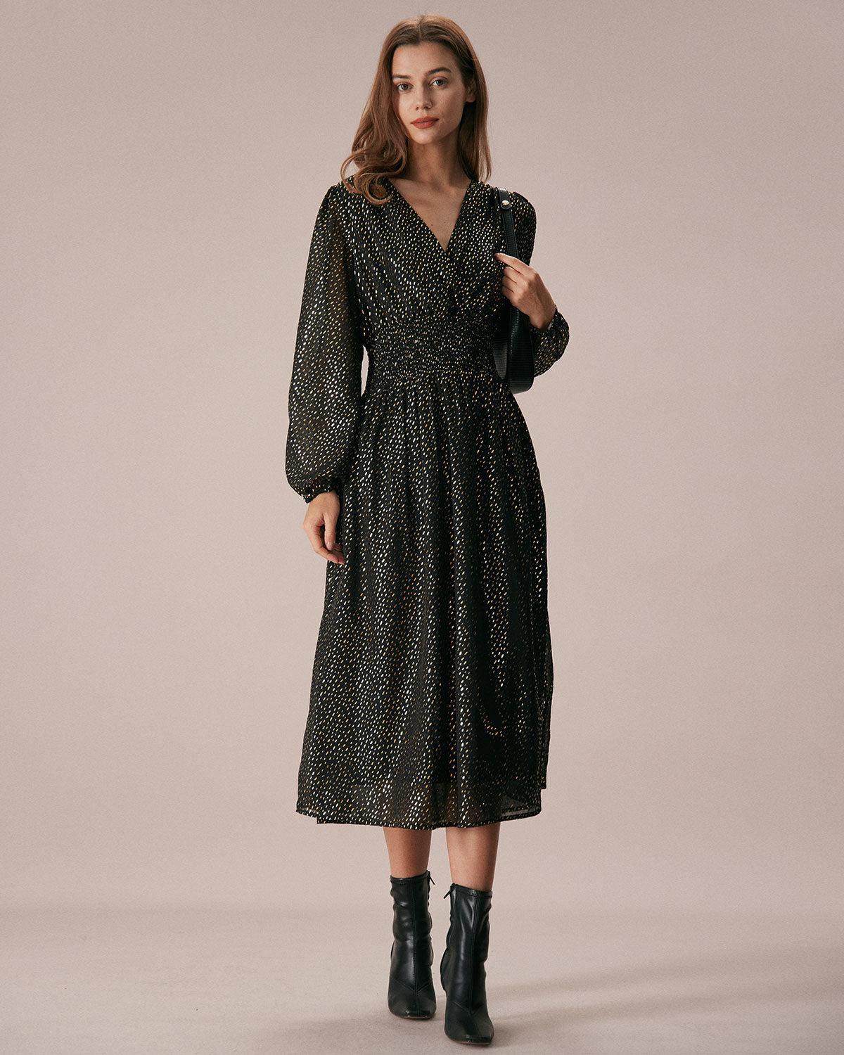 The Black V Neck Shirred Overlapping Midi Dress Product Image
