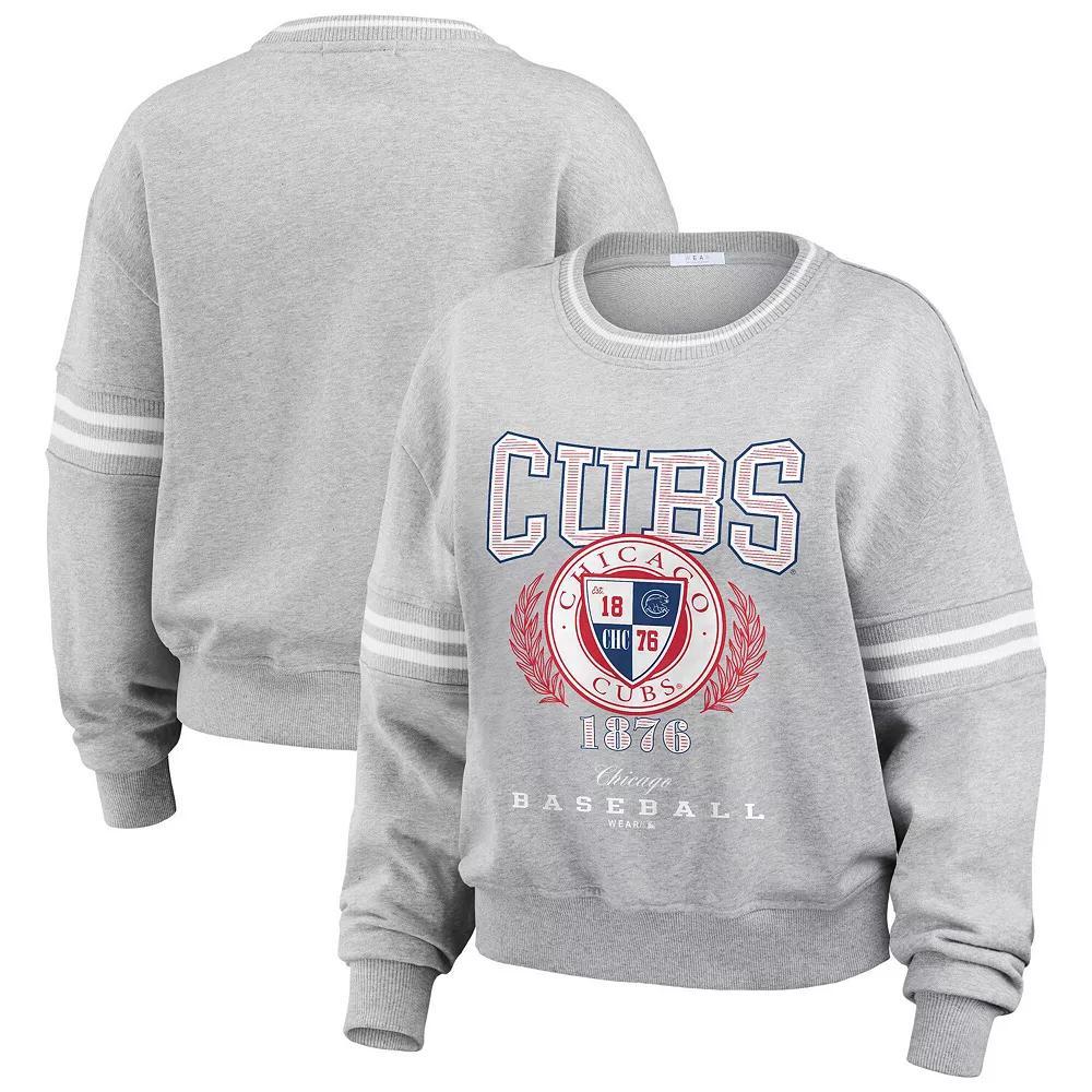 Women's WEAR by Erin Andrews Heather Gray Chicago Cubs Domestic Crest Pullover Sweatshirt, Size: XS, Grey Product Image