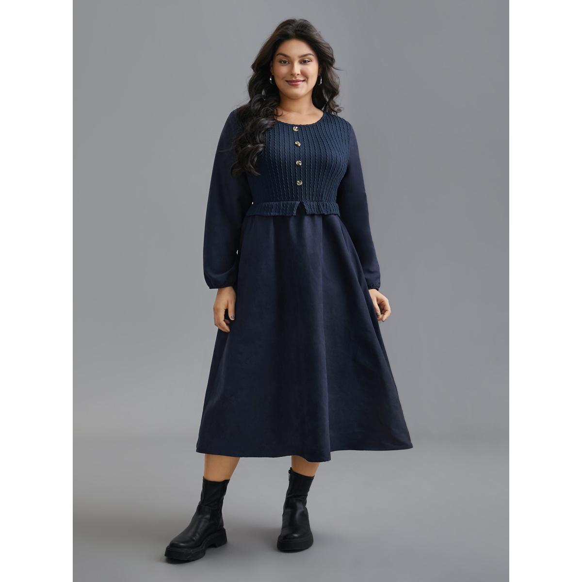 Plus Size Textured Button Detail Lantern Sleeve Dress Indigo Women Casual Texture Round Neck Long Sleeve Curvy BloomChic 14-16/1X Product Image