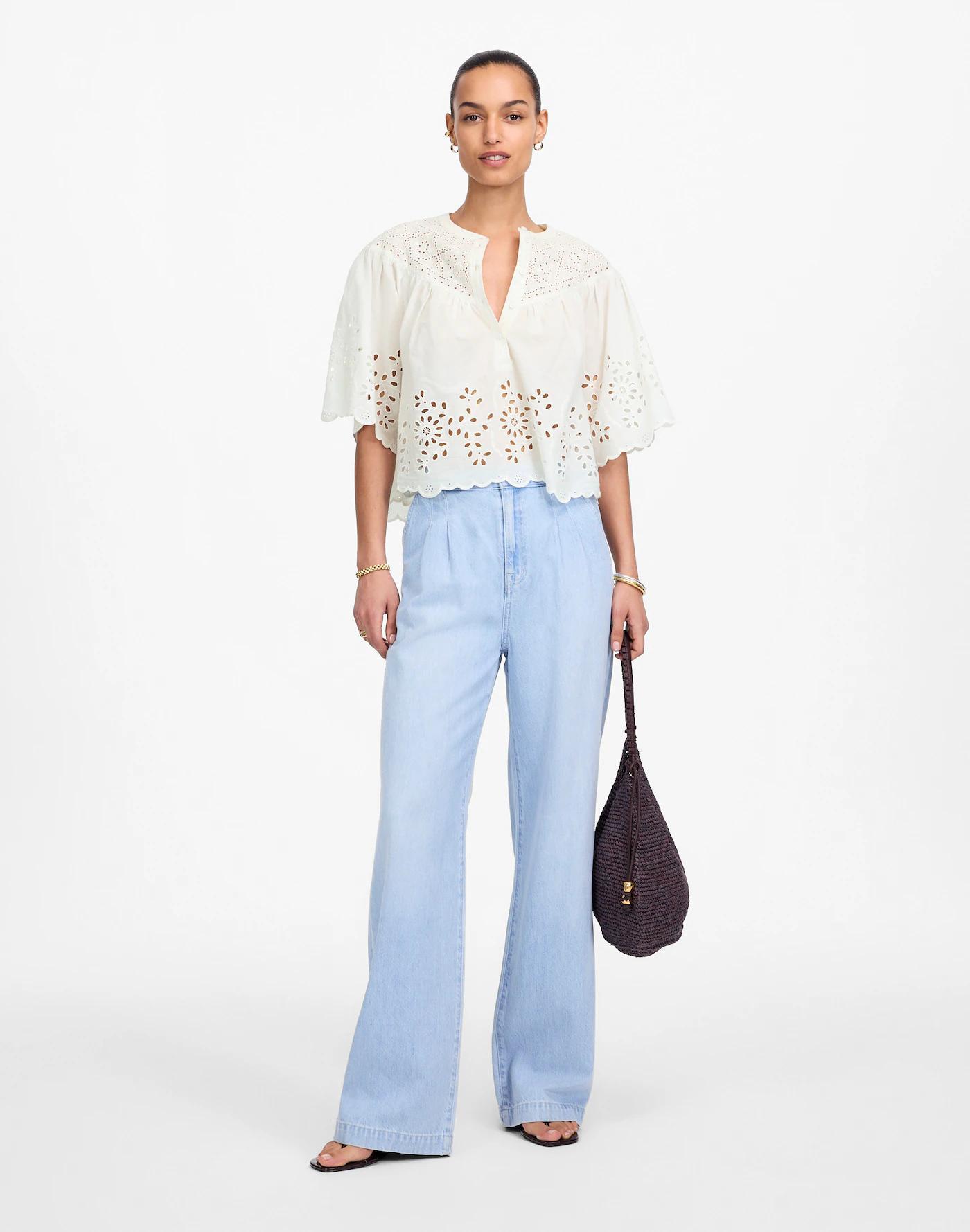 Embroidered Shirred Henley Top Product Image