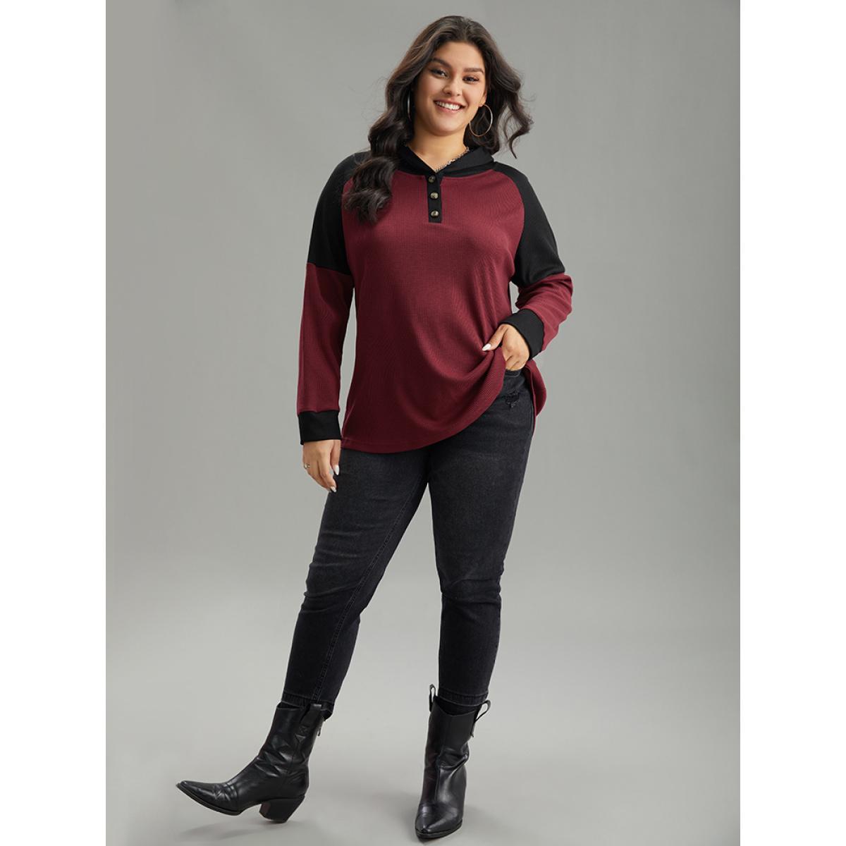 Plus Size Waffle Knit Hooded Button Up Sweatshirt Women Burgundy Casual Contrast Hooded Dailywear Sweatshirts BloomChic 14-16/1X Product Image