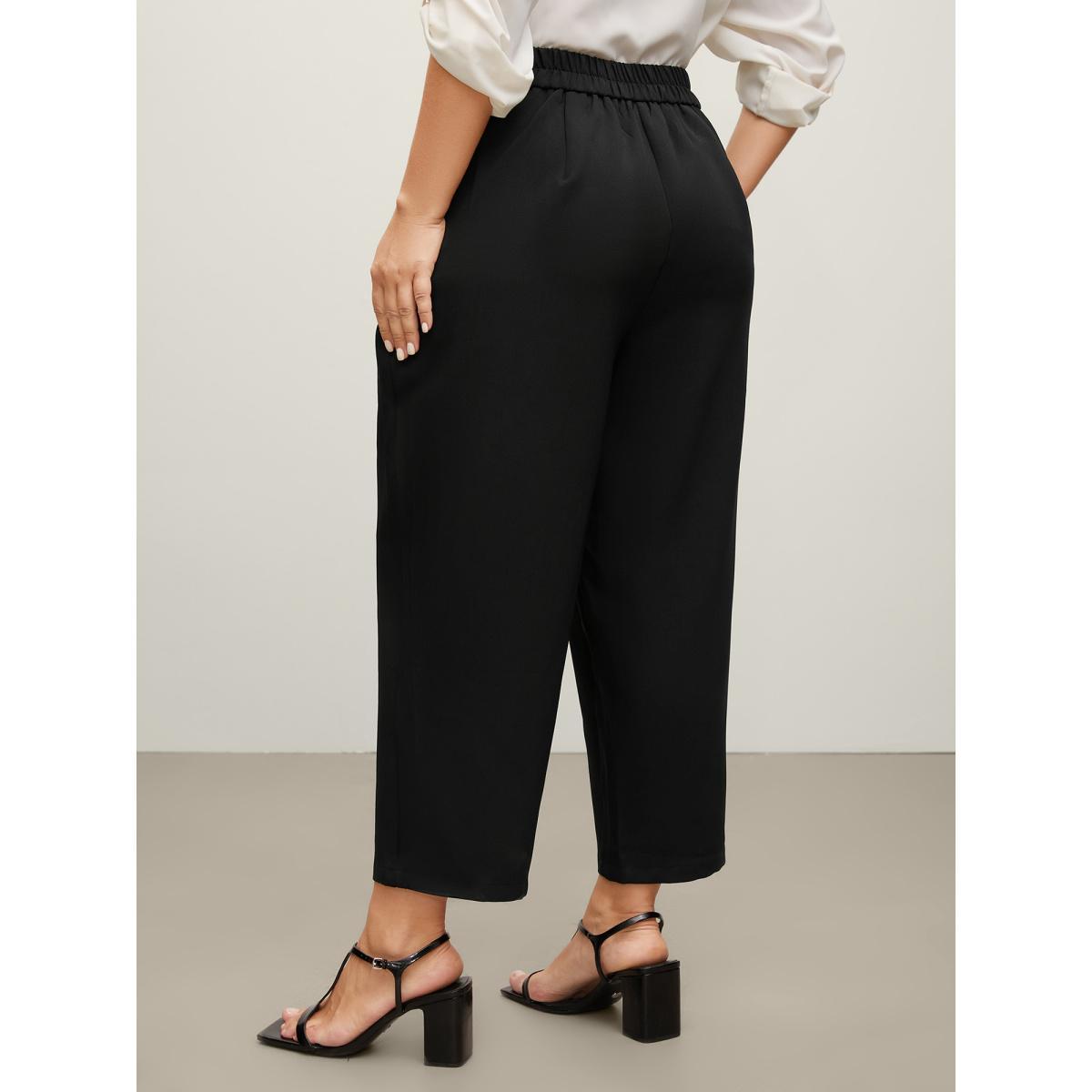 Plus Size Stretchy Double Button Straight-Leg Pants Women Black Loose Mid Rise Work Pants BloomChic 26/4X Product Image