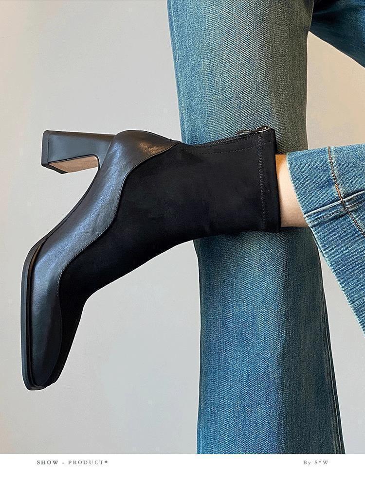 Block Heel Faux Leather Short Boots Product Image