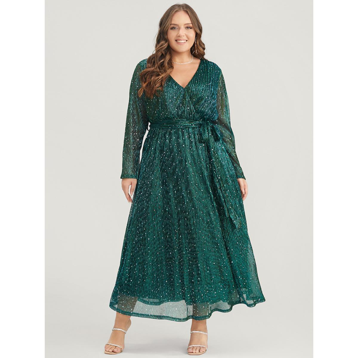 Plus Size Solid Pocket Wrap Belted Sequin Mesh Maxi Dress DarkGreen Women Cocktail Belted V-neck Long Sleeve Curvy Long Dress BloomChic 28/5X Product Image