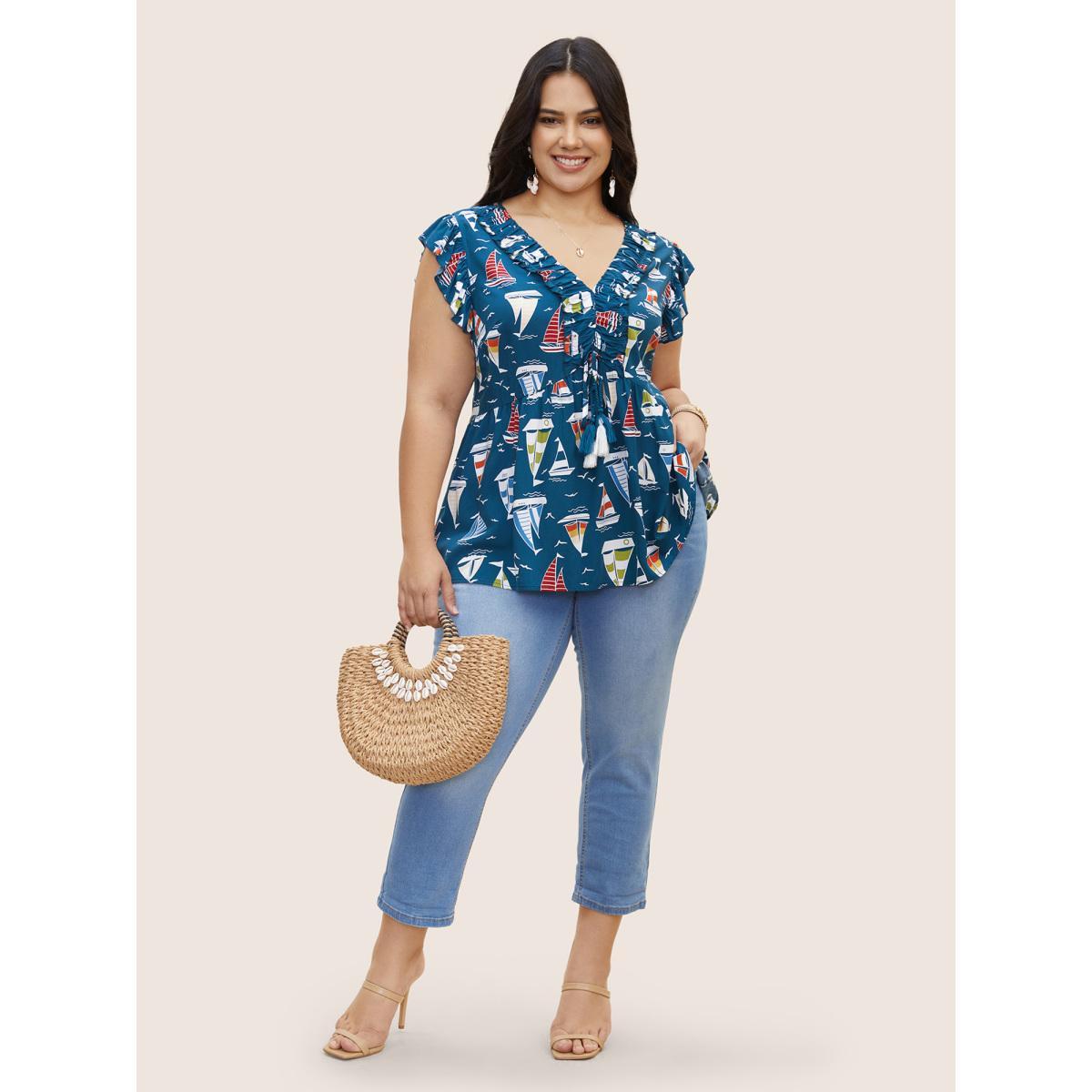 Plus Size Aegean Boai Print Frill Trim Tassel Cap Sleeve Blouse Women Resort Cap Sleeve V-neck Vacation Blouses BloomChic 26/4X Product Image